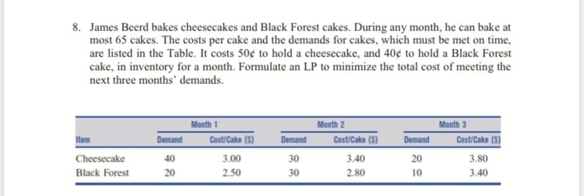 8. James Beerd bakes cheesecakes and Black Forest cakes. During any month, he can bake at
most 65 cakes. The costs per cake and the demands for cakes, which must be met on time,
are listed in the Table. It costs 50¢ to hold a cheesecake, and 40¢ to hold a Black Forest
cake, in inventory for a month. Formulate an LP to minimize the total cost of meeting the
next three months' demands.
Month 3
Cost/Cake (S)
Month 1
Month 2
Item
Demand
Cast/Cake (S)
Demand
Cest/Cake ($)
Demand
Cheesecake
40
3.00
30
3.40
20
3.80
Black Forest
20
2.50
30
2.80
10
3.40
