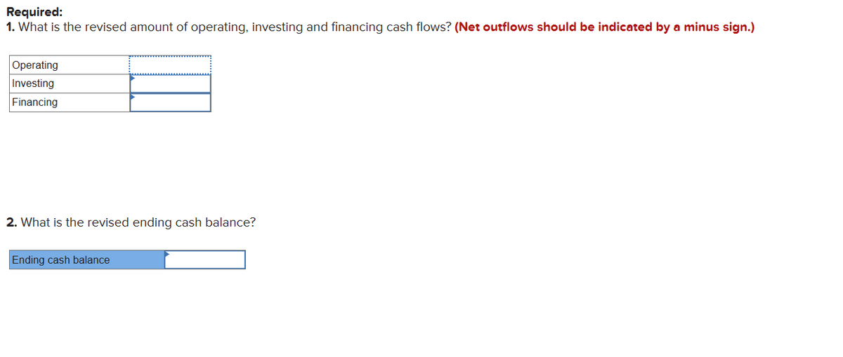 Required:
1. What is the revised amount of operating, investing and financing cash flows? (Net outflows should be indicated by a minus sign.)
Operating
Investing
Financing
2. What is the revised ending cash balance?
Ending cash balance