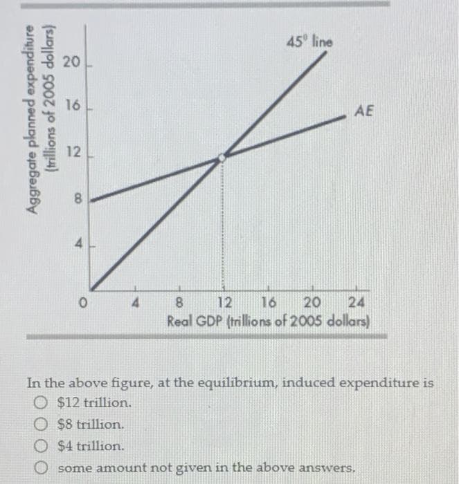 (trillions of 2005 dollars)
Aggregate planned expenditure
20
16
12
8
4
0
45° line
AE
8
12 16 20 24
Real GDP (trillions of 2005 dollars)
In the above figure, at the equilibrium, induced expenditure is
O$12 trillion.
O $8 trillion.
O $4 trillion.
O some amount not given in the above answers.