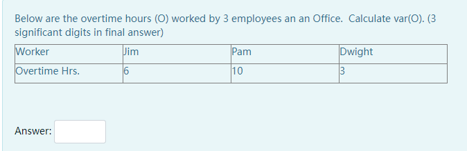 Below are the overtime hours (O) worked by 3 employees an an Office. Calculate var(O). (3
significant digits in final answer)
Worker
Jim
Pam
Dwight
Overtime Hrs.
10
3
Answer:
