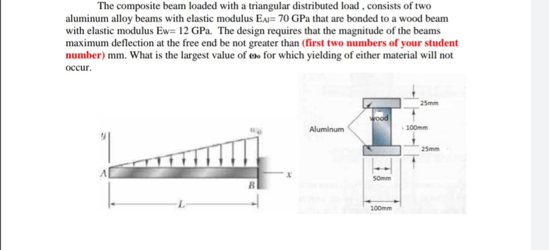 The composite beam loaded with a triangular distributed load , consists of two
aluminum alloy beams with elastic modulus EAI= 70 GPa that are bonded to a wood beam
with elastic modulus Ew= 12 GPa. The design requires that the magnitude of the beams
maximum deflection at the free end be not greater than (first two numbers of your student
number) mm. What is the largest value of mo for which yielding of either material will not
осcur.
25mm
wood
Aluminum
100mm
25mm
50mm
100mm
