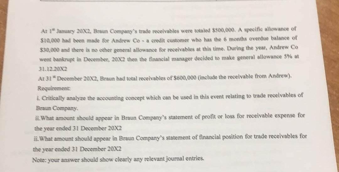 At 1 January 20X2, Braun Company's trade receivables were totaled $500,000. A specific allowance of
$10,000 had been made for Andrew Co-a credit customer who has the 6 months overdue balance of
$30,000 and there is no other general allowance for receivables at this time. During the year, Andrew Co
went bankrupt in December, 20X2 then the financial manager decided to make general allowance 5% at
31.12.2002
At 31 December 20X2, Braun had total receivables of $600,000 (include the receivable from Andrew).
Requirement:
i. Critically analyze the accounting concept which can be used in this event relating to trade receivables of
Braun Company.
ii. What amount should appear in Braun Company's statement of profit or loss for receivable expense for
the year ended 31 December 20X2
ii. What amount should appear in Braun Company's statement of financial position for trade receivables for
the year ended 31 December 20X2
Note: your answer should show clearly any relevant journal entries.