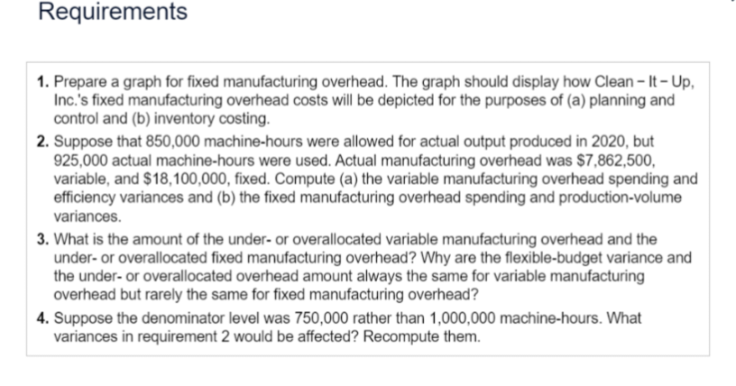 Requirements
1. Prepare a graph for fixed manufacturing overhead. The graph should display how Clean -It-Up,
Inc.'s fixed manufacturing overhead costs will be depicted for the purposes of (a) planning and
control and (b) inventory costing.
2. Suppose that 850,000 machine-hours were allowed for actual output produced in 2020, but
925,000 actual machine-hours were used. Actual manufacturing overhead was $7,862,500,
variable, and $18,100,000, fixed. Compute (a) the variable manufacturing overhead spending and
efficiency variances and (b) the fixed manufacturing overhead spending and production-volume
variances.
3. What is the amount of the under- or overallocated variable manufacturing overhead and the
under- or overallocated fixed manufacturing overhead? Why are the flexible-budget variance and
the under- or overallocated overhead amount always the same for variable manufacturing
overhead but rarely the same for fixed manufacturing overhead?
4. Suppose the denominator level was 750,000 rather than 1,000,000 machine-hours. What
variances in requirement 2 would be affected? Recompute them.