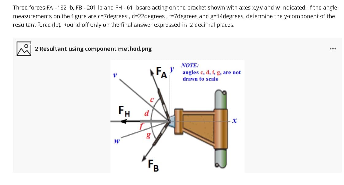 Three forces FA =132 Ib, FB =201 lb and FH =61 lbsare acting on the bracket shown with axes x,y,v and w indicated. If the angle
measurements on the figure are c=7degrees, d=22degrees , f=7degrees and g=14degrees, determine the y-component of the
resultant force (Ib). Round off only on the final answer expressed in 2 decimal places.
...
2 Resultant using component method.png
NOTE:
FA"
angles c, d, f, g, are not
drawn to scale
FH
d
FB
