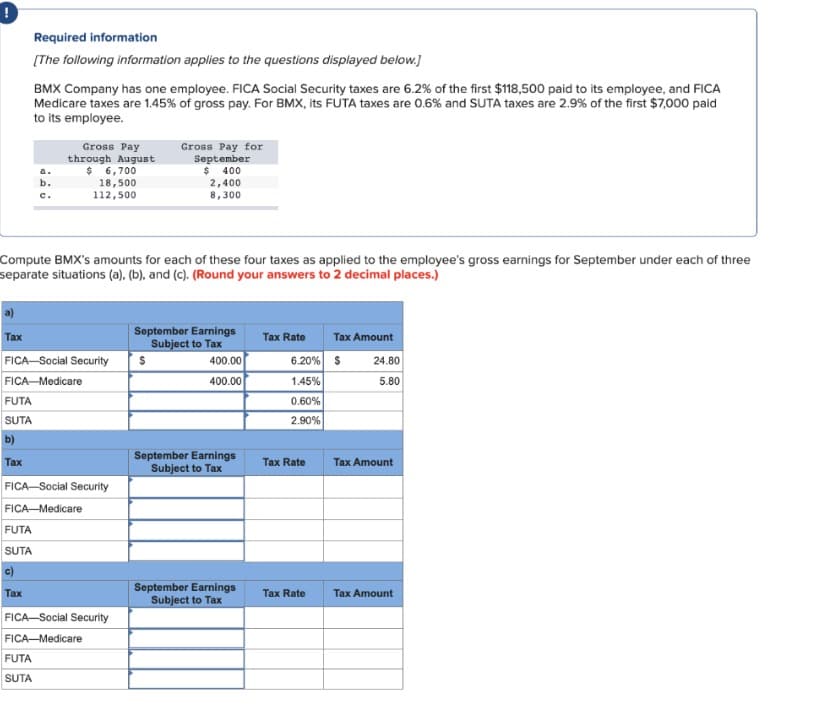 Tax
Required information
[The following information applies to the questions displayed below.]
BMX Company has one employee. FICA Social Security taxes are 6.2% of the first $118,500 paid to its employee, and FICA
Medicare taxes are 1.45% of gross pay. For BMX, its FUTA taxes are 0.6% and SUTA taxes are 2.9% of the first $7,000 paid
to its employee.
FUTA
SUTA
b)
Tax
Compute BMX's amounts for each of these four taxes as applied to the employee's gross earnings for September under each of three
separate situations (a), (b), and (c). (Round your answers to 2 decimal places.)
b.
FICA-Social Security
FICA-Medicare
FUTA
SUTA
c)
Tax
Gross Pay
through August
$ 6,700
18,500
112,500
FICA-Social Security
FICA-Medicare
FUTA
SUTA
FICA-Social Security
FICA-Medicare
Gross Pay for
September
$ 400
2,400
8,300
September Earnings
Subject to Tax
400.00
400.00
S
September Earnings
Subject to Tax
September Earnings
Subject to Tax
Tax Rate Tax Amount
6.20% $
1.45%
0.60%
2.90%
Tax Rate
Tax Rate
24.80
5.80
Tax Amount
Tax Amount