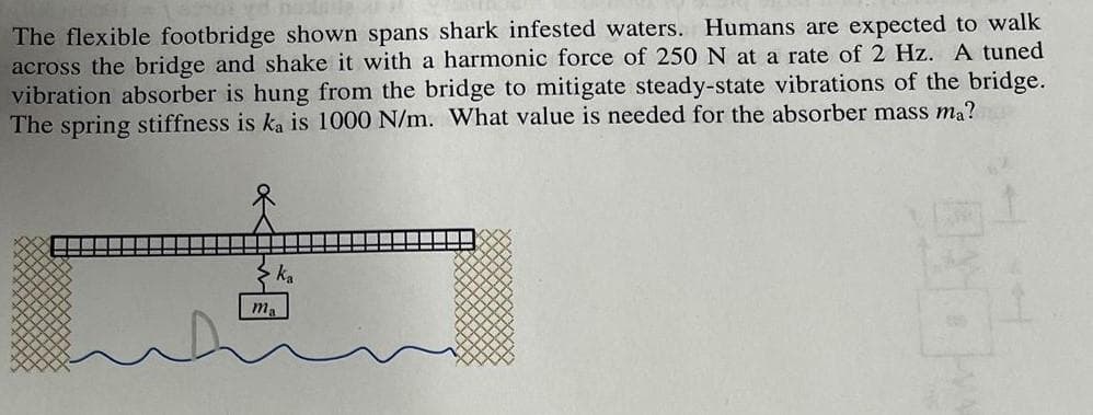 The flexible footbridge shown spans shark infested waters. Humans are expected to walk
across the bridge and shake it with a harmonic force of 250 N at a rate of 2 Hz. A tuned
vibration absorber is hung from the bridge to mitigate steady-state vibrations of the bridge.
The spring stiffness is ka is 1000 N/m. What value is needed for the absorber mass ma?
ma