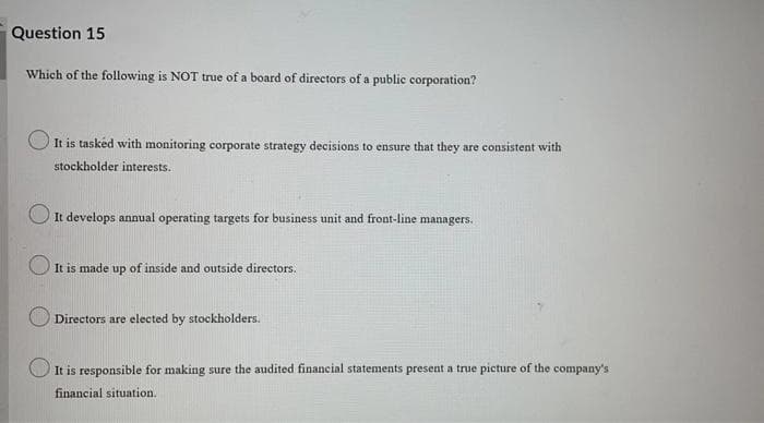 Question 15
Which of the following is NOT true of a board of directors of a public corporation?
It is tasked with monitoring corporate strategy decisions to ensure that they are consistent with
stockholder interests.
O It develops annual operating targets for business unit and front-line managers.
OIt is made up of inside and outside directors.
Directors are elected by stockholders.
O It is responsible for making sure the audited financial statements present a true picture of the company's
financial situation.
