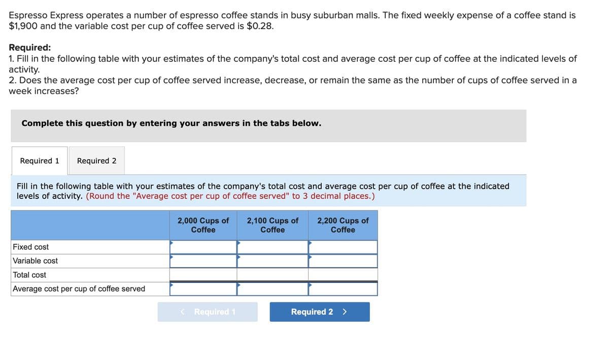 Espresso Express operates a number of espresso coffee stands in busy suburban malls. The fixed weekly expense of a coffee stand is
$1,900 and the variable cost per cup of coffee served is $0.28.
Required:
1. Fill in the following table with your estimates of the company's total cost and average cost per cup of coffee at the indicated levels of
activity.
2. Does the average cost per cup of coffee served increase, decrease, or remain the same as the number of cups of coffee served in a
week increases?
Complete this question by entering your answers in the tabs below.
Required 1 Required 2
Fill in the following table with your estimates of the company's total cost and average cost per cup of coffee at the indicated
levels of activity. (Round the "Average cost per cup of coffee served" to 3 decimal places.)
Fixed cost
Variable cost
Total cost
Average cost per cup of coffee served
2,000 Cups of 2,100 Cups of
Coffee
Coffee
< Required 1
2,200 Cups of
Coffee
Required 2 >