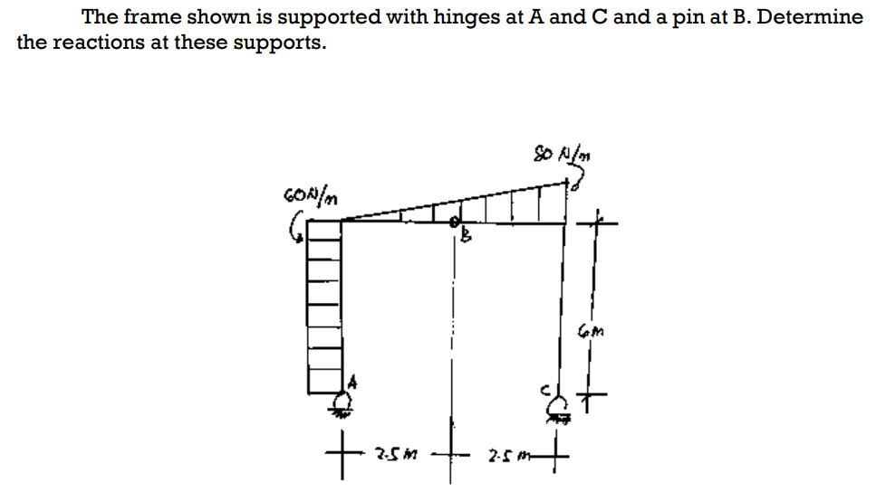 The frame shown is supported with hinges at A and C and a pin at B. Determine
the reactions at these supports.
SO Alm
GON/m
2-5 m-
