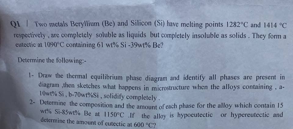 Q1 / Two metals Beryllium (Be) and Silicon (Si) have melting points 1282°C and 1414 °C
respectively, are completely soluble as liquids but completely insoluble as solids . They form a
eutectic at 1090°C containing 61 wt% Si -39wt% Be?
Determine the following:-
1- Draw the thermal equilibrium phase diagram and identify all phases are present in
diagram ,then sketches what happens in microstructure when the alloys containing , a-
10wt% Si, b-70wt%Si , solidify completely.
2- Determine the composition and the amount of each phase for the alloy which contain 15
wt% Si-85wt% Be at 1150°C If the alloy is hypoeutectic
determine the amount of eutectic at 600 °C?
or hypereutectic and
