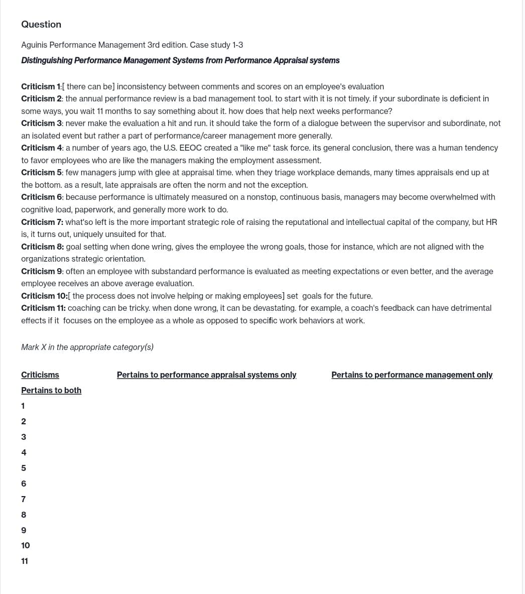 Question
Aguinis Performance Management 3rd edition. Case study 1-3
Distinguishing Performance Management Systems from Performance Appraisal systems
Criticism 1:[ there can be] inconsistency between comments and scores on an employee's evaluation
Criticism 2: the annual performance review is a bad management tool. to start with it is not timely. if your subordinate is deficient in
some ways, you wait 11 months to say something about it. how does that help next weeks performance?
Criticism 3: never make the evaluation a hit and run. it should take the form of a dialogue between the supervisor and subordinate, not
an isolated event but rather a part of performance/career management more generally.
Criticism 4: a number of years ago, the U.S. EEOC created a "like me" task force. its general conclusion, there was a human tendency
to favor employees who are like the managers making the employment assessment.
Criticism 5: few managers jump with glee at appraisal time. when they triage workplace demands, many times appraisals end up at
the bottom. as a result, late appraisals are often the norm and not the exception.
Criticism 6: because performance is ultimately measured on a nonstop, continuous basis, managers may become overwhelmed with
cognitive load, paperwork, and generally more work to do.
Criticism 7: what'so left is the more important strategic role of raising the reputational and intellectual capital of the company, but HR
is, it turns out, uniquely unsuited for that.
Criticism 8: goal setting when done wring, gives the employee the wrong goals, those for instance, which are not aligned with the
organizations strategic orientation.
Criticism 9: often an employee with substandard performance is evaluated as meeting expectations or even better, and the average
employee receives an above average evaluation.
Criticism 10:[ the process does not involve helping or making employees] set goals for the future.
Criticism 11: coaching can be tricky. when done wrong, it can be devastating. for example, a coach's feedback can have detrimental
effects if it focuses on the employee as a whole as opposed to specific work behaviors at work.
Mark X in the appropriate category(s)
Criticisms
Pertains to performance appraisal systems only.
Pertains to performance management only
Pertains to both
1
3
4
5
6
7
8
10
11
