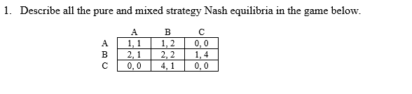 1. Describe all the pure and mixed strategy Nash equilibria in the game below.
ABC
A
1, 1
2,1
0,0
B
1,2
2,2
4, 1
с
0,0
1,4
0,0