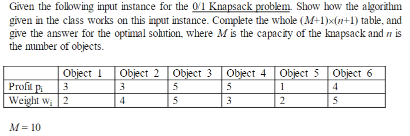 Given the following input instance for the 0/1 Knapsack problem. Show how the algorithm
given in the class works on this input instance. Complete the whole (M+1)x(n+1) table, and
give the answer for the optimal solution, where M is the capacity of the knapsack and n is
the number of objects.
Object 1
Object 2 Object 3
Object 4 Object 5
Object 6
Profit p
Weight w; | 2
3
3
5
5
1
4
4
5
3
2
5
М-10
