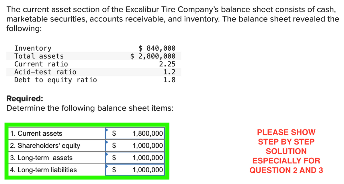 The current asset section of the Excalibur Tire Company's balance sheet consists of cash,
marketable securities, accounts receivable, and inventory. The balance sheet revealed the
following:
Inventory
Total assets
Current ratio
Acid-test ratio
Debt to equity ratio
1. Current assets
2. Shareholders' equity
3. Long-term assets
4. Long-term liabilities
$ 840,000
$ 2,800,000
Required:
Determine the following balance sheet items:
$
$
$
$
2.25
1.2
1.8
1,800,000
1,000,000
1,000,000
1,000,000
PLEASE SHOW
STEP BY STEP
SOLUTION
ESPECIALLY FOR
QUESTION 2 AND 3