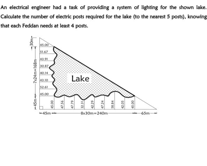 An electrical engineer had a task of providing a system of lighting for the shown lake.
Calculate the number of electric posts required for the lake (to the nearest 5 posts), knowing
that each Feddan needs at least 4 posts.
45.00
51.67
43.91
30.87
40.14
43.10
Lake
52,61
45.00
-45m-
-8x30m=240m-
65m-
-45m
-7x24m-168m-
00'St
47.56
47.79
32.31
42.29
47.24
58.84
42.05
00 S
