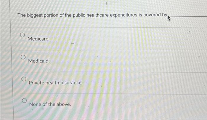 The biggest portion of the public healthcare expenditures is covered by
O
Medicare.
Medicaid.
Private health insurance.
None of the above.