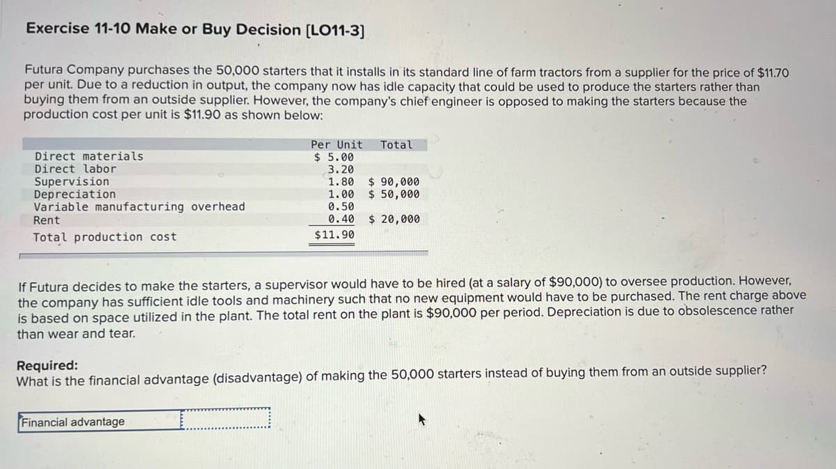 Exercise 11-10 Make or Buy Decision [L011-3]
Futura Company purchases the 50,000 starters that it installs in its standard line of farm tractors from a supplier for the price of $11.70
per unit. Due to a reduction in output, the company now has idle capacity that could be used to produce the starters rather than
buying them from an outside supplier. However, the company's chief engineer is opposed to making the starters because the
production cost per unit is $11.90 as shown below:
Per Unit
$ 5.00
3.20
Total
Direct materials
Direct labor
Supervision
Depreciation
Variable manufacturing overhead
1.80 $ 90,000
1.00
0.50
$ 50,000
Rent
0.40
$ 20,000
Total production cost
$11.90
If Futura decides to make the starters, a supervisor would have to be hired (at a salary of $90,000) to oversee production. However,
the company has sufficient idle tools and machinery such that no new equipment would have to be purchased. The rent charge above
is based on space utilized in the plant. The total rent on the plant is $90,000 per period. Depreciation is due to obsolescence rather
than wear and tear.
Required:
What is the financial advantage (disadvantage) of making the 50,000 starters instead of buying them from an outside supplier?
Financial advantage
