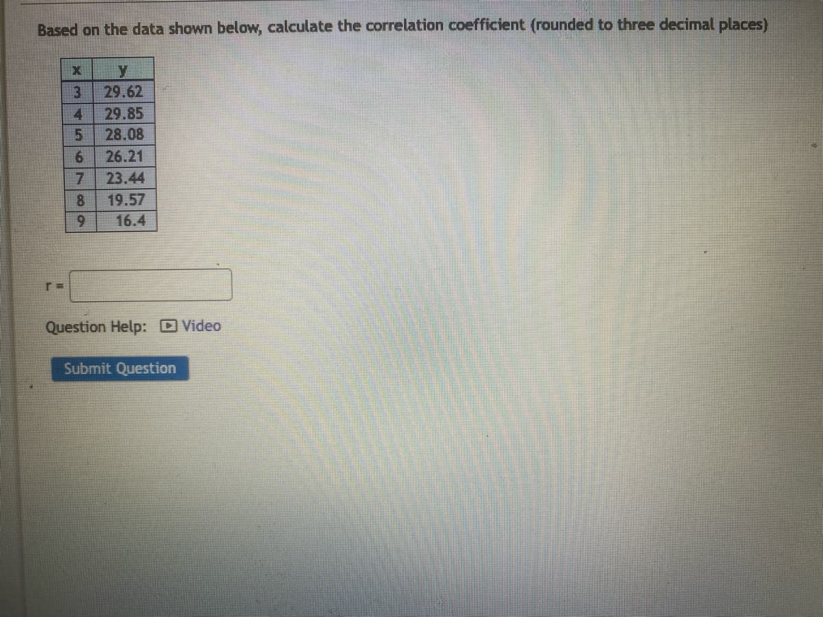 Based on the data shown below, calculate the correlation coefficient (rounded to three decimal places)
X
Y
3
29.62
4
29.85
5
28.08
6
26.21
7
23.44
8
19.57
9
16.4
Question Help: Video
Submit Question