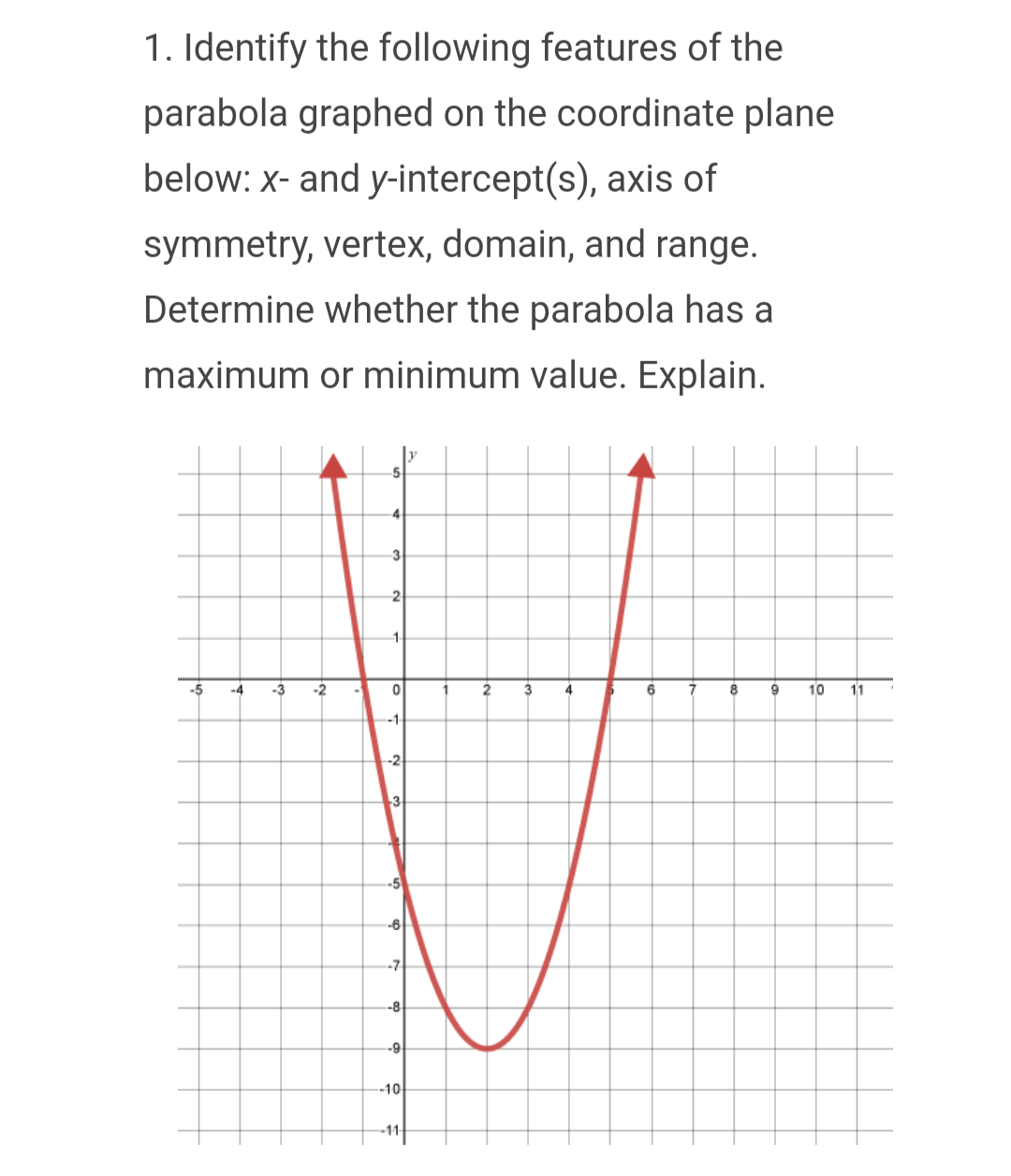 1. Identify the following features of the
parabola graphed on the coordinate plane
below: x- and y-intercept(s), axis of
symmetry, vertex, domain, and range.
Determine whether the parabola has a
maximum or minimum value. Explain.
3
2
1
-5 -4 -3
-2
-
0
1
2
3
4
Б 6
7
8
9
10
11
-1-
-2
3
-5
-6
-7
-8
-9
-10-
-11-