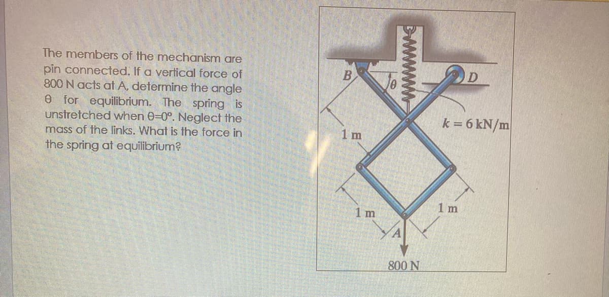 The members of the mechanism are
pin connected. If a vertical force of
800 N acts at A, determine the angle
e for equilibrium. The spring is
unstretched when 0=0°. Neglect the
mass of the links. What is the force in
the spring at equilibrium?
B
wwwwwww
k = 6 kN/m
1 m
1 m
1 m
800 N