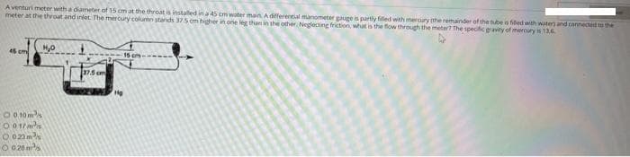Aventuri
meter with a diameter of 15 cm at the throat is installed in a 45 cm water main. A differential manometer gauge is partly filled with mercury (the remainder of the tube is filled with water and connected to the
meter at the throat and inlet. The mercury column stands 375 on higher in one leg than in the other, Neglecting friction, what is the flow through the meter? The specific gravity of mercury is 12.6.
45 cm
0 10m³
O 017²
023m³
O 020 m
H₂O
37.5 cm
15 cm-
Ho