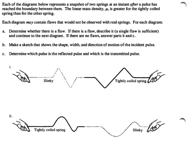 Each of the diagrams below represents a snapshot of two springs at an instant after a pulse has
reached the boundary between them. The linear mass density, µ, is greater for the tightly coiled
spring than for the other spring.
Each diagram may contain flaws that would not be observed with real springs. For each diagram:
a. Determine whether there is a flaw. If there is a flaw, describe it (a single flaw is sufficient)
and continue to the next diagram. If there are no flaws, answer parts b and c.
b. Make a sketch that shows the shape, width, and direction of motion of the incident pulse.
c. Determine which pulse is the reflected pulse and which is the transmitted pulse.
Slinky
Tightly coiled spring
ii.
Tightly coiled spring
Slinky
