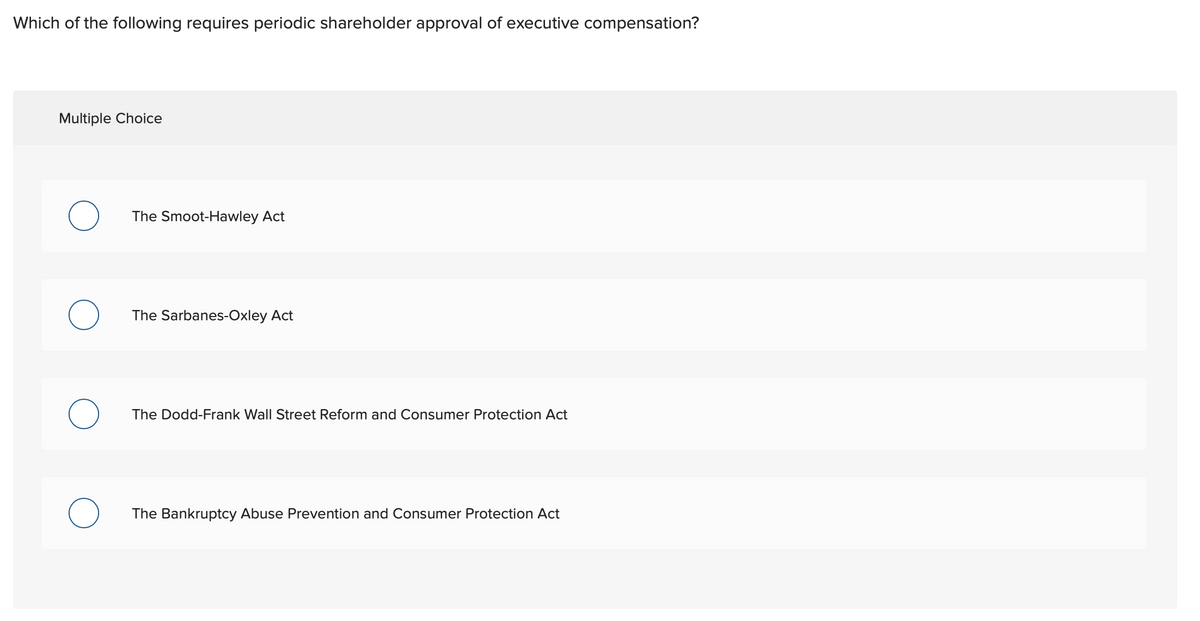 Which of the following requires periodic shareholder approval of executive compensation?
Multiple Choice
The Smoot-Hawley Act
The Sarbanes-Oxley Act
The Dodd-Frank Wall Street Reform and Consumer Protection Act
The Bankruptcy Abuse Prevention and Consumer Protection Act
