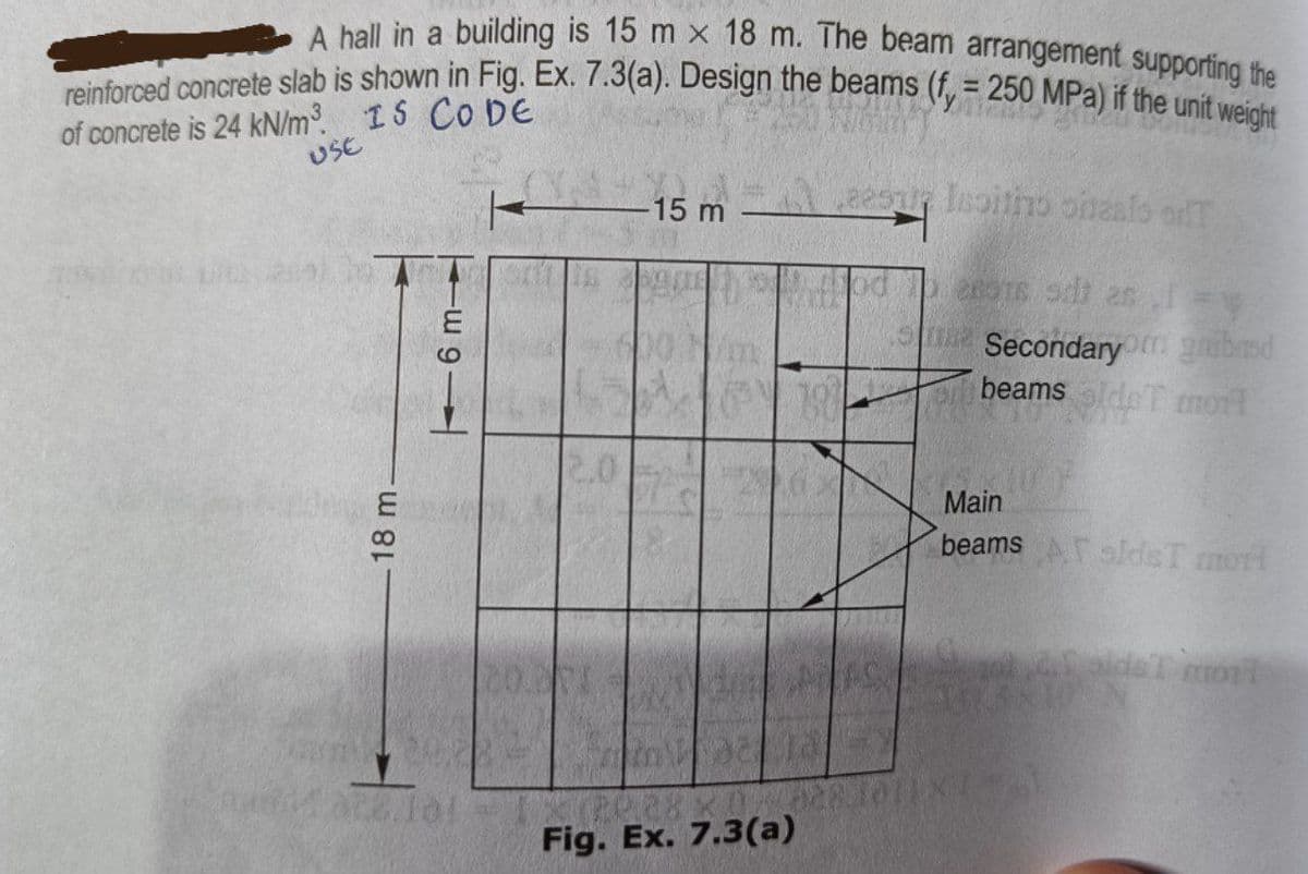 reinforced concrete slab is shown in Fig. Ex. 7.3(a). Design the beams (f, = 250 MPa) if the unit weight
A hall in a building is 15 m x 18 m. The beam arrangement supporting the
%3D
of concrete is 24 kN/m. 1S Co DE
USE
22sur leoitno onaalo odT
15 m
Secondaryo gibrsd
beams deT mort
Main
beams ToldsT mort
Fig. Ex. 7.3(a)
18 m.
