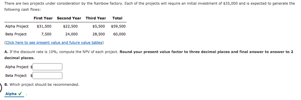 There are two projects under consideration by the Rainbow factory. Each of the projects will require an initial investment of $35,000 and is expected to generate the
following cash flows:
First Year
Second Year Third Year
Total
Alpha Project
$31,500
$22,500
$5,500
$59,500
Beta Project
7,500
24,000
28,500
60,000
(Click here to see present value and future value tables)
A. If the discount rate is 10%, compute the NPV of each project. Round your present value factor to three decimal places and final answer to answer to 2
decimal places.
Alpha Project $
Beta Project $
B. Which project should be recommended.
Alpha v
