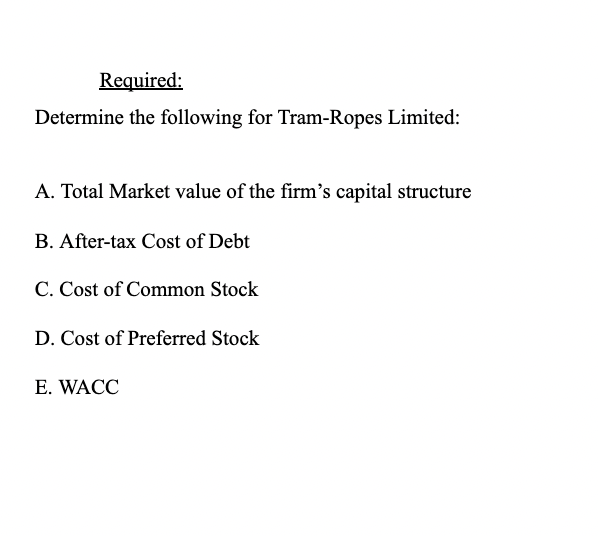 Required:
Determine the following for Tram-Ropes Limited:
A. Total Market value of the firm's capital structure
B. After-tax Cost of Debt
C. Cost of Common Stock
D. Cost of Preferred Stock
E. WACC