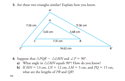 5. Are these two triangles similar? Explain how you know.
7.26 cm
NEL
3.63 cm
7.31 cm
11.36 cm
5.68 cm
14.62 cm
B
B'
6. Suppose that APQR ~ ALMN and ZP = 90°.
a) What angle in ALMN equals 90°? How do you know?
b) If MN = 13 cm, LN = 12 cm, LM = 5 cm, and PQ = 15 cm,
what are the lengths of PR and QR?