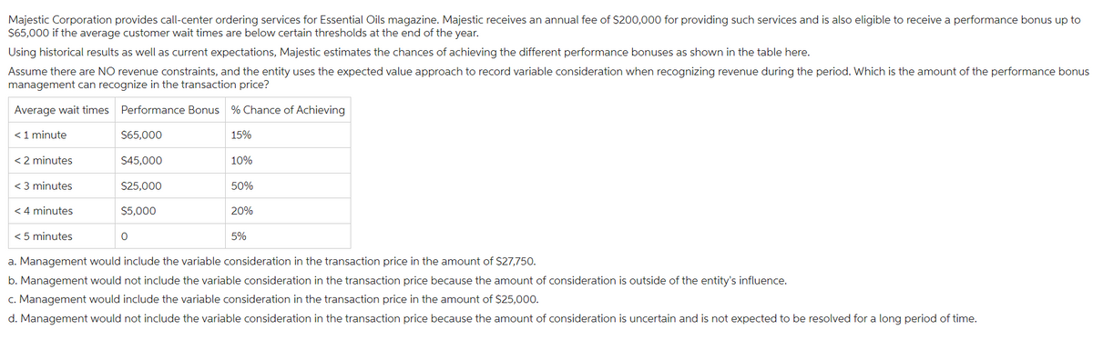 Majestic Corporation provides call-center ordering services for Essential Oils magazine. Majestic receives an annual fee of $200,000 for providing such services and is also eligible to receive a performance bonus up to
$65,000 if the average customer wait times are below certain thresholds at the end of the year.
Using historical results as well as current expectations, Majestic estimates the chances of achieving the different performance bonuses as shown in the table here.
Assume there are NO revenue constraints, and the entity uses the expected value approach to record variable consideration when recognizing revenue during the period. Which is the amount of the performance bonus
management can recognize in the transaction price?
Average wait times Performance Bonus % Chance of Achieving
$65,000
15%
< 1 minute
< 2 minutes
< 3 minutes
< 4 minutes
< 5 minutes
$45,000
$25,000
$5,000
0
10%
50%
20%
5%
a. Management would include the variable consideration in the transaction price in the amount of $27,750.
b. Management would not include the variable consideration in the transaction price because the amount of consideration is outside of the entity's influence.
c. Management would include the variable consideration in the transaction price in the amount of $25,000.
d. Management would not include the variable consideration in the transaction price because the amount of consideration is uncertain and is not expected to be resolved for a long period of time.