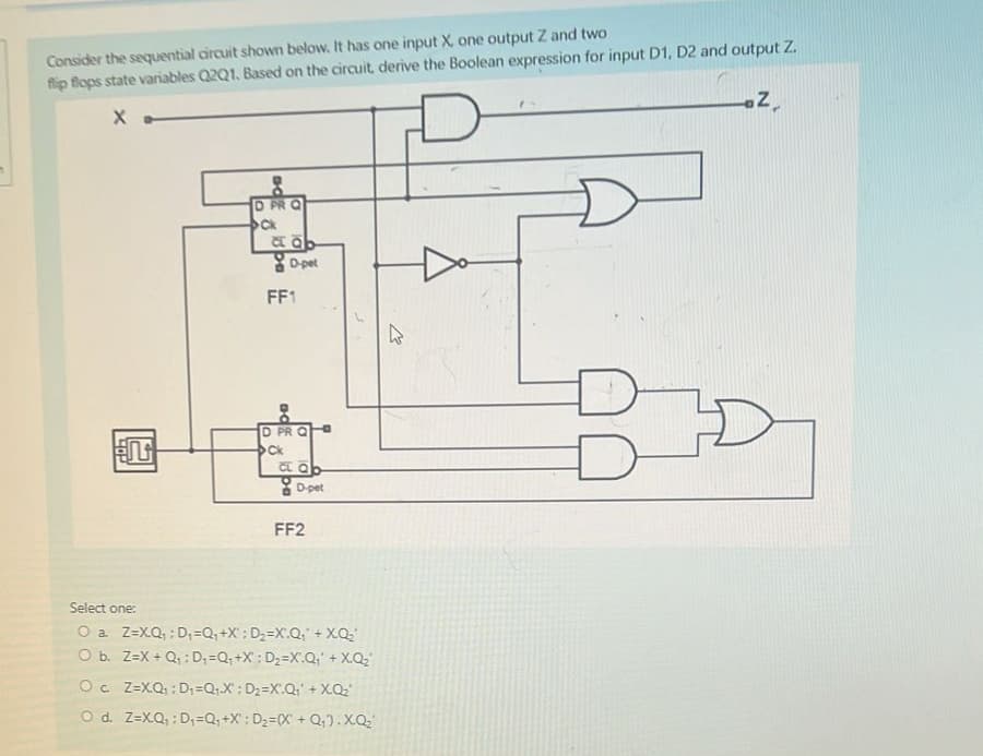 Consider the sequential circuit shown below. It has one input X one output Z and two
flip flops state variables Q2Q1. Based on the circuit, derive the Boolean expression for input D1, D2 and output Z.
X
眠
ad%
O PR Q
Ck
a ab
D-pet
FF1
ad
D PR Q
Ck
CL Q
D-pet
FF2
Select one:
O a. Z=XQ₁: D₁ =Q₁+X: D₂=X.Q₁ + XQ₂
O b. Z=X+Q₁: D₁ =Q₁+X: D₂=X.Q₁ + X.Q₂
Oc Z=XQ₁: D₁ =Q₁.X: D₂=X.Q₁' + XQ₂'
O d. Z=XQ, :D, =Q₁+X: D₂ =(X + Q₂).X.Q₂'
2.