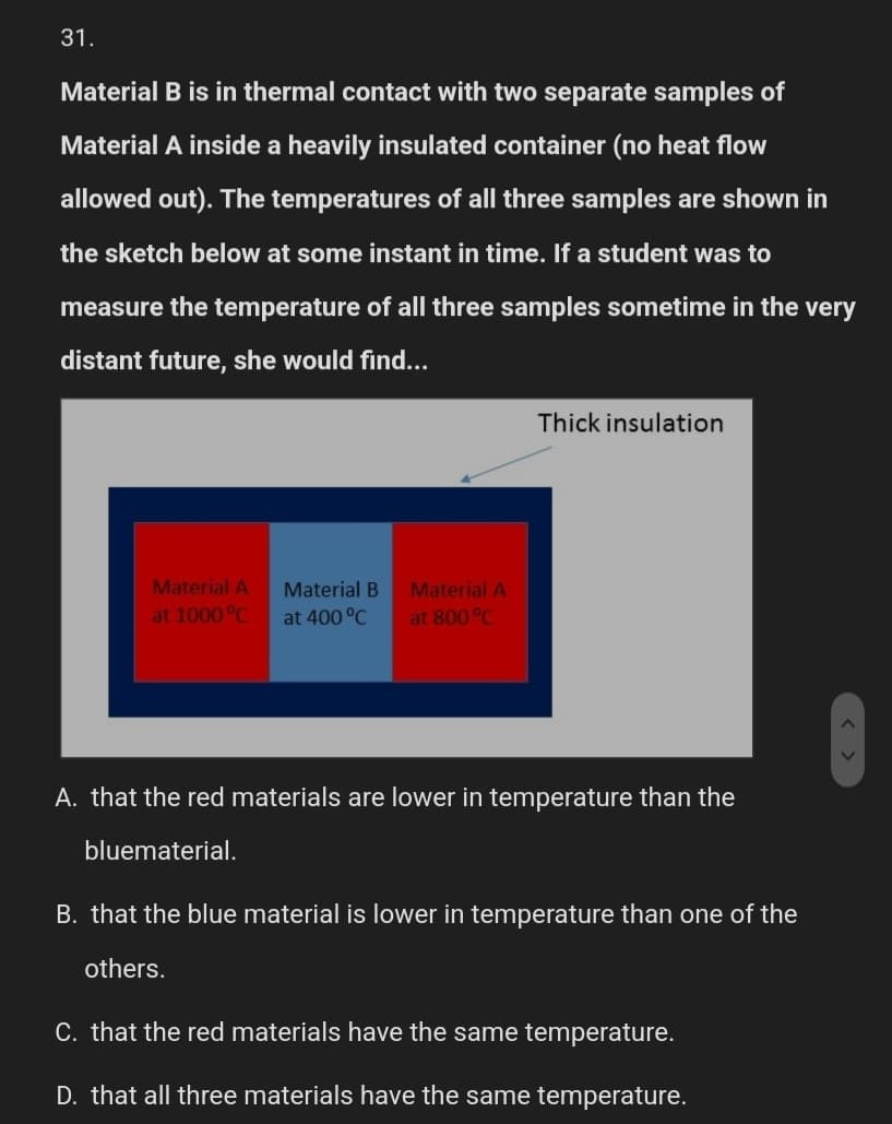 31.
Material B is in thermal contact with two separate samples of
Material A inside a heavily insulated container (no heat flow
allowed out). The temperatures of all three samples are shown in
the sketch below at some instant in time. If a student was to
measure the temperature of all three samples sometime in the very
distant future, she would find...
Material A
at 1000 °C
Material B
at 400 °C
Material A
at 800 °C
Thick insulation
A. that the red materials are lower in temperature than the
bluematerial.
B. that the blue material is lower in temperature than one of the
others.
C. that the red materials have the same temperature.
D. that all three materials have the same temperature.
A