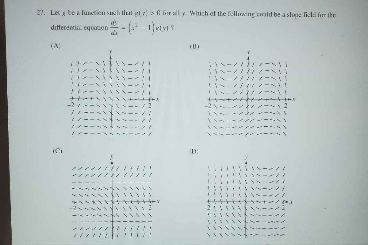 27. Let g be a function such that g(y) > 0 for all y. Which of the following could be a slope field for the
differential equation
dy
dx
=
(x² - 1)8 (y)?
(A)
(C)
/// -\\\\\//\
-2/
//
+11+x
\\/2
//---
--//
//
(B)
y
\\\-///// - \\ |
\ \\/ // // -\\\
\ \\/ // / //\ \\
\ \ \ - / / / / / -\\\
\\\/ //
// - \ \ \
/ / / | \| | x
-2\
-///
///-\\
\-///
\\-///
*x