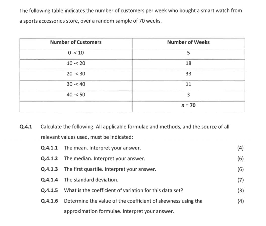 The following table indicates the number of customers per week who bought a smart watch from
a sports accessories store, over a random sample of 70 weeks.
Number of Customers
0-<10
10-< 20
20-30
30-40
40-50
Number of Weeks
5
18
33
11
3
n = 70
Q.4.1 Calculate the following. All applicable formulae and methods, and the source of all
relevant values used, must be indicated:
Q.4.1.1 The mean. Interpret your answer.
Q.4.1.2 The median. Interpret your answer.
Q.4.1.3 The first quartile. Interpret your answer.
Q.4.1.4 The standard deviation.
(4)
(6)
(6)
Q.4.1.5 What is the coefficient of variation for this data set?
OEM
(7)
(3)
Q.4.1.6
Determine the value of the coefficient of skewness using the
(4)
approximation formulae. Interpret your answer.