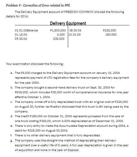 Problem 9 - Correction of Error related to PPE
The Delivery Equipment account of FREEDOM COMPANY showed the following
details for 2016:
Dellivery Equlpment
P1,500.000 08.30.06
5,000 10.31.06
01.01.06Balance
P225,000
01.15.06
180,000
09.30.06
535,000
Your examination disclosed the following:
a. The P5,000 charged to the Delivery Equipment account on January 15, 2006
represents payment of LTO registration fees for the company's delivery equipment
for the year 2006.
b. The company bought a second-hand delivery truck on Sept. 30, 2006 for
P535,000, which includes P35,000 worth of comprehensive insurance for one year
effective October 1, 2006.
c. The company wrote-off a fully depreciated truck with an original cost of P225,000
on August 30; further verification disclosed that this truck is still being used by the
company.
d. The credit P180,000 on October 31, 2006 represents proceeds from the sale of
one truck costing P350,00, which is 50% depreciated as of December 31, 2005.
e. There is only entry to made the Accumulated Depreciation account during 2006, a
debit for P225,000 on August 30,2006.
f. There is no other delivery equipment that is fully depreciated.
g. The company uses the straight-line method of depreciating their delivery
equipment over a useful life of 5 years. A full year depreciation is given in the year
of acquisition and none in the year of disposal.
