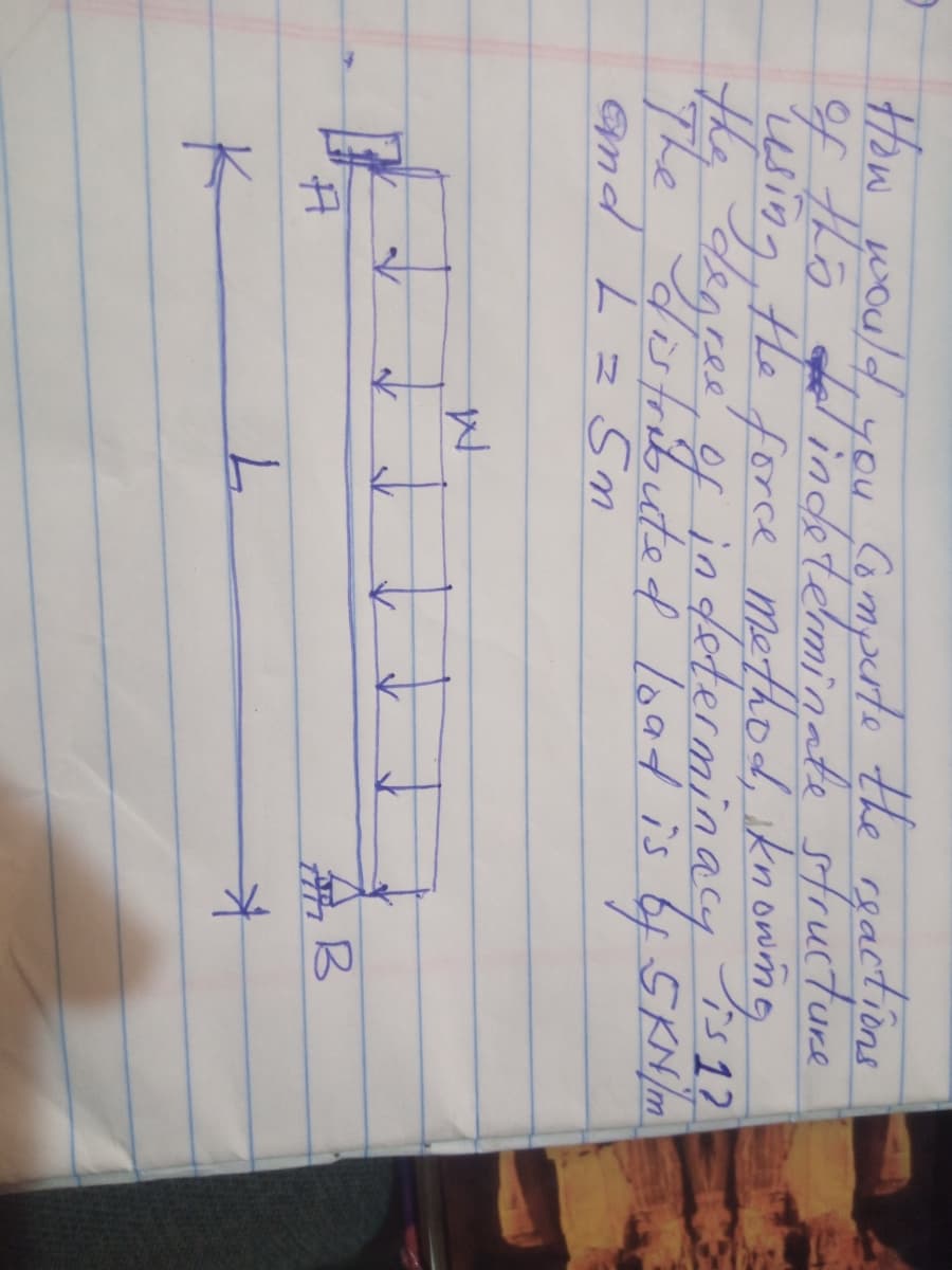 How would you comporte the reactions
is 12
using, the force method, knowing
the degree of indeterminacy
The distributed load is of 5KN/m
and L = Sn
A
K
W
↓ ↓ ↓ ↓ ↓ ↓
L
*
B