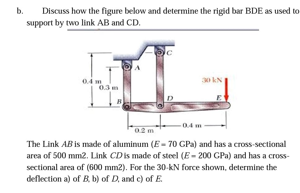 b. Discuss how the figure below and determine the rigid bar BDE as used to
support by two link AB and CD.
0.4 m
0.3 m
B
D
0.4 m
30 kN
E
0.2 m
The Link AB is made of aluminum (E = 70 GPa) and has a cross-sectional
area of 500 mm2. Link CD is made of steel (E = 200 GPa) and has a cross-
sectional area of (600 mm2). For the 30-kN force shown, determine the
deflection a) of B, b) of D, and c) of E.