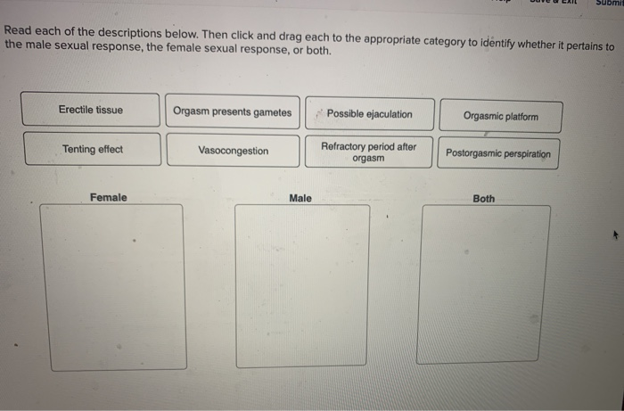 Read each of the descriptions below. Then click and drag each to the appropriate category to identify whether it pertains to
the male sexual response, the female sexual response, or both.
Erectile tissue
Tenting effect
Female
Orgasm presents gametes
Vasocongestion
Male
Possible ejaculation
Refractory period after
orgasm
Orgasmic platform
Postorgasmic perspiration
Submit
Both