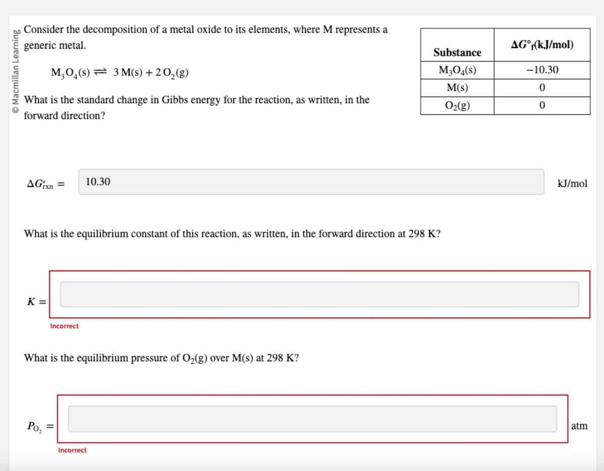 Macmillan Learning
Consider the decomposition of a metal oxide to its elements, where M represents a
generic metal.
M₂04 (s) 3 M(s) + 2O₂(g)
What is the standard change in Gibbs energy for the reaction, as written, in the
forward direction?
AGixn= 10.30
What is the equilibrium constant of this reaction, as written, in the forward direction at 298 K?
K =
Incorrect
What is the equilibrium pressure of O₂(g) over M(s) at 298 K?
Po₂
=
Substance
M3O4(s)
M(s)
O₂(g)
Incorrect
AG°f(kJ/mol)
-10.30
0
0
kJ/mol
atm