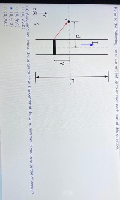 Refer to the following line of current set up to answer each part of this question.
P
d
0 (0,dy,0)
(0,-y,0)
o (0,dl,0)
y
Z
(a) Assuming you chose the origin to be at the center of the wire, how would you rewrite the d/ vector?
(0,-dy,0)