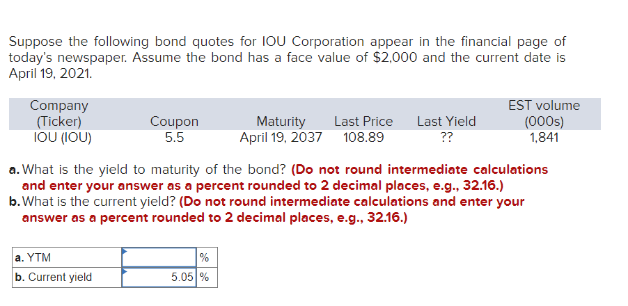 Suppose the following bond quotes for IOU Corporation appear in the financial page of
today's newspaper. Assume the bond has a face value of $2,000 and the current date is
April 19, 2021.
Company
(Ticker)
IOU (IOU)
Coupon
5.5
a. YTM
b. Current yield
Maturity
April 19, 2037
%
5.05 %
Last Price Last Yield
108.89
??
a. What is the yield to maturity of the bond? (Do not round intermediate calculations
and enter your answer as a percent rounded to 2 decimal places, e.g., 32.16.)
b. What is the current yield? (Do not round intermediate calculations and enter your
answer as a percent rounded to 2 decimal places, e.g., 32.16.)
EST volume
(000s)
1,841