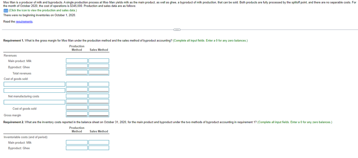 Moo Man is a producer of milk and byproducts. A single production process at Moo Man yields milk as the main product, as well as ghee, a byproduct of milk production, that can be sold. Both products are fully processed by the splitoff point, and there are no separable costs. For
the month of October 2020, the cost of operations is $345,000. Production and sales data are as follows:
(Click the icon to view the production and sales data.)
There were no beginning inventories on October 1, 2020.
Read the requirements.
Requirement 1. What is the gross margin for Moo Man under the production method and the sales method of byproduct accounting? (Complete all input fields. Enter a 0 for any zero balances.)
Production
Method
Revenues
Main product: Milk
Byproduct: Ghee
Total revenues
Cost of goods sold:
Net manufacturing costs
Cost of goods sold
Gross margin
C
Sales Method
Inventoriable costs (end of period):
Main product: Milk
Byproduct: Ghee
Requirement 2. What are the inventory costs reported in the balance sheet on October 31, 2020, for the main product and byproduct under the two methods of byproduct accounting in requirement 1? (Complete all input fields. Enter a 0 for any zero balances.)
Production
Method Sales Method