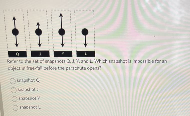 ܕ ܐ ܐ
Y
Refer to the set of snapshots Q, J, Y, and L. Which snapshot is impossible for an
object in free-fall before the parachute opens?
snapshot Q
snapshot J
snapshot Y
snapshot L