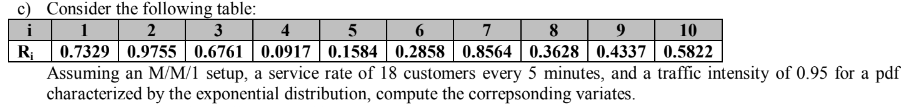 c) Consider the following table:
i
1
2
3
4
5
6
7
8
9
10
R₁ 0.7329 0.9755 0.6761 0.0917 0.1584 0.2858 0.8564 0.3628 0.4337
0.5822
Assuming an M/M/1 setup, a service rate of 18 customers every 5 minutes, and a traffic intensity of 0.95 for a pdf
characterized by the exponential distribution, compute the correpsonding variates.