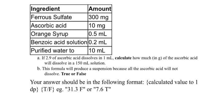 Ingredient
Ferrous Sulfate
Ascorbic acid
Orange Syrup
Benzoic acid solution 0.2 mL
Purified water to
Amount
300 mg
10 mg
0.5 mL
10 mL
a. If 2.9 of ascorbic acid dissolves in 1 mL, calculate how much (in g) of the ascorbic acid
will dissolve in a 150 mL solution.
b. This formula will produce a suspension because all the ascorbic acid will not
dissolve. True or False
Your answer should be in the following format: {calculated value to 1
dp} {T/F} eg. "31.3 F" or "7.6 T"
