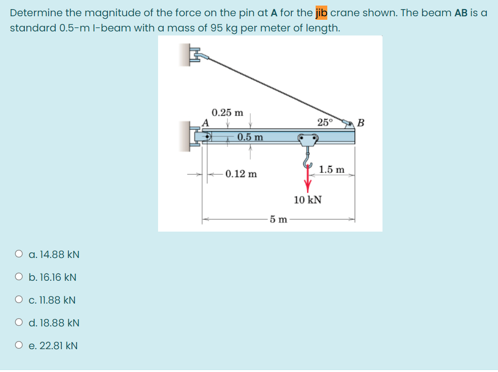 Determine the magnitude of the force on the pin at A for the jib crane shown. The beam AB is a
standard 0.5-m l-beam with a mass of 95 kg per meter of length.
0.25 m
A
25°
0.5 m
1.5 m
0.12 m
10 kN
5 m
O a. 14.88 kN
O b. 16.16 kN
O c. 11.88 kN
O d. 18.88 kN
O e. 22.81 kN
