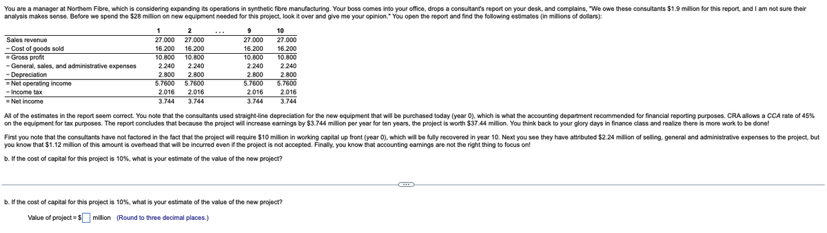 You are a manager at Northern Fibre, which is considering expanding its operations in synthetic fibre manufacturing. Your boss comes into your office, drops a consultant's report on your desk, and complains, "We owe these consultants $1.9 million for this report, and I am not sure their
analysis makes sense. Before we spend the $28 million on new equipment needed for this project, look it over and give me your opinion." You open the report and find the following estimates (in millions of dollars):
2
9
10
Sales revenue
1
27.000 27.000
16.200 16.200
10.800 10.800
2.240
- Cost of goods sold
27.000
16.200
10.800
27.000
16.200
= Gross profit
10.800
- General, sales, and administrative expenses
2.240
2.240
2.240
- Depreciation
2.800
2.800
2.800
2.800
5.7600
= Net operating income
5.7600
5.7600
5.7600
- Income tax
2.016
2.016
2.016
2.016
= Net income
3.744
3.744
3.744
3.744
All of the estimates in the report seem correct. You note that the consultants used straight-line depreciation for the new equipment that will be purchased today (year 0), which is what the accounting department recommended for financial reporting purposes. CRA allows a CCA rate of 45%
on the equipment for tax purposes. The report concludes that because the project will increase earnings by $3.744 million per year for ten years, the project is worth $37.44 million. You think back to your glory days in finance class and realize there is more work to be done!
First you note that the consultants have not factored in the fact that the project will require $10 million in working capital up front (year 0), which will be fully recovered in year 10. Next you see they have attributed $2.24 million of selling, general and administrative expenses to the project, but
you know that $1.12 million of this amount is overhead that will be incurred even if the project is not accepted. Finally, you know that accounting earnings are not the right thing to focus on!
b. If the cost of capital for this project is 10%, what is your estimate of the value of the new project?
b. If the cost of capital for this project is 10%, what is your estimate of the value of the new project?
Value of project = $
million (Round to three decimal places.)