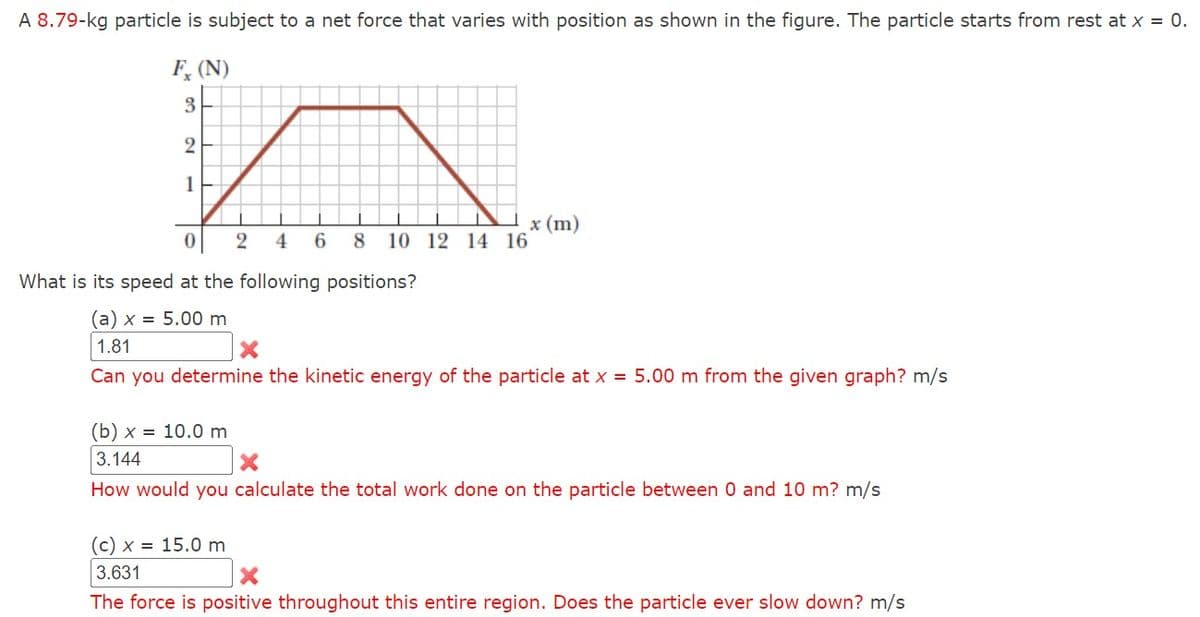 A 8.79-kg particle is subject to a net force that varies with position as shown in the figure. The particle starts from rest at x = 0.
F. (N)
3
2
1
x (m)
0
24 6 8 10
10 12 14 16
What is its speed at the following positions?
(a) x = 5.00 m
1.81
Can you determine the kinetic energy of the particle at x=5.00 m from the given graph? m/s
(b) x = 10.0 m
3.144
×
How would you calculate the total work done on the particle between 0 and 10 m? m/s
(c) x = 15.0 m
3.631
x
The force is positive throughout this entire region. Does the particle ever slow down? m/s